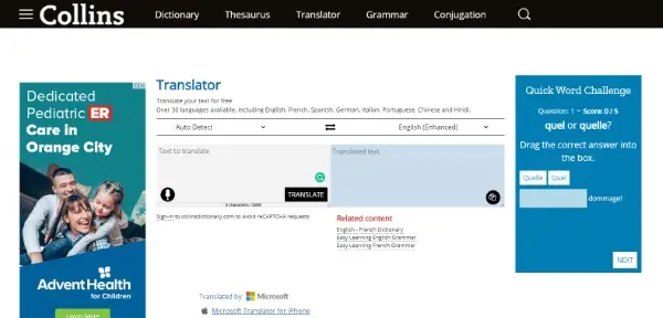 Collins Translator هو أفضل موقع لترجمة النصوص مجاناً
