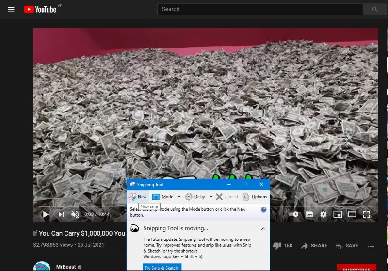 التقاط صورة من الفيديو من خلال أداة Snipping Tool
