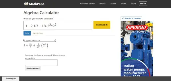 MathPapa هو موقع حل مسائل الرياضيات البسيط والسريع