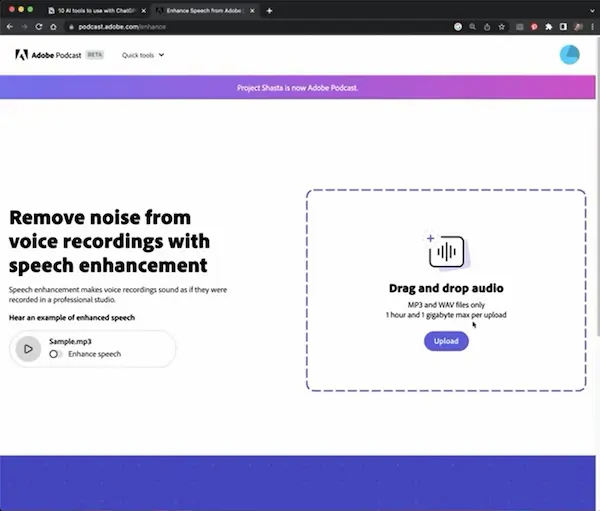 Adobe Podcast AI Voice هو موقع ذكاء اصطناعي مميز لتحسين الصوت