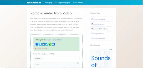 Audioremover هي خدمة مجانية تتيح لك إزالة الصوت من الفيديو اون لاين