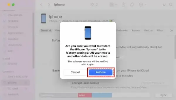 انقر على زر استعادة لتأكيد استعادة iPhone الخاص بك من النسخة الاحتياطية