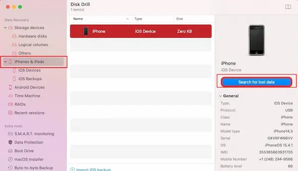 قم بفتح برنامج Disk Drill وانقر على علامة التبويب "iPhones & iPads" من الشريط الجانبي على اليسار.