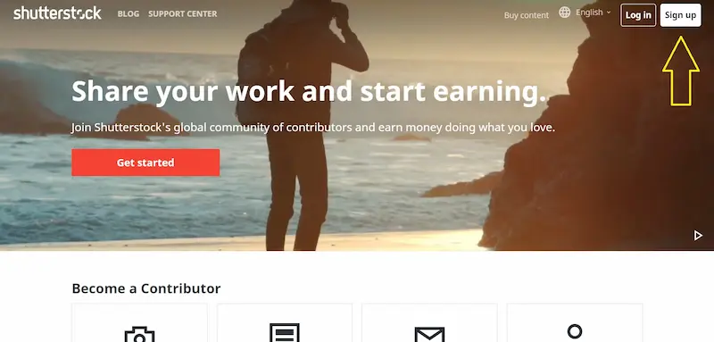 أول خطوة هي التسجيل في موقع Shutterstock كبائع
