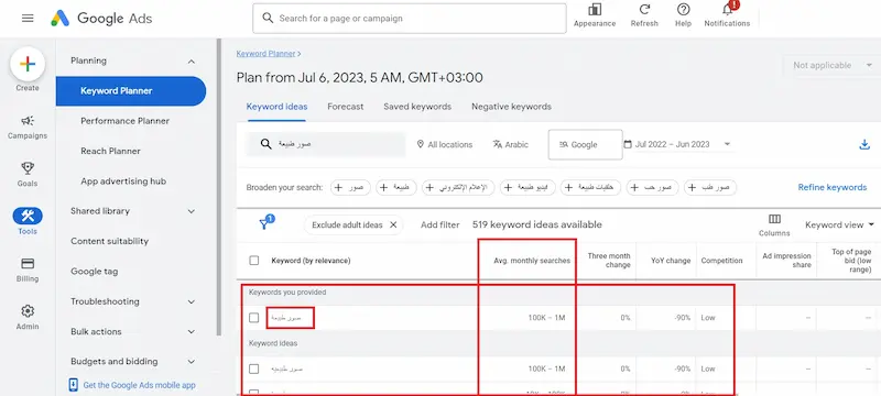 استخدام أدوات الكلمات المفتاحية
